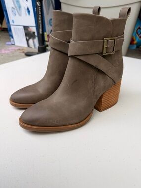 Kork-Ease Taupe Suede Block Heel Ankle Boots with Buckle Strap